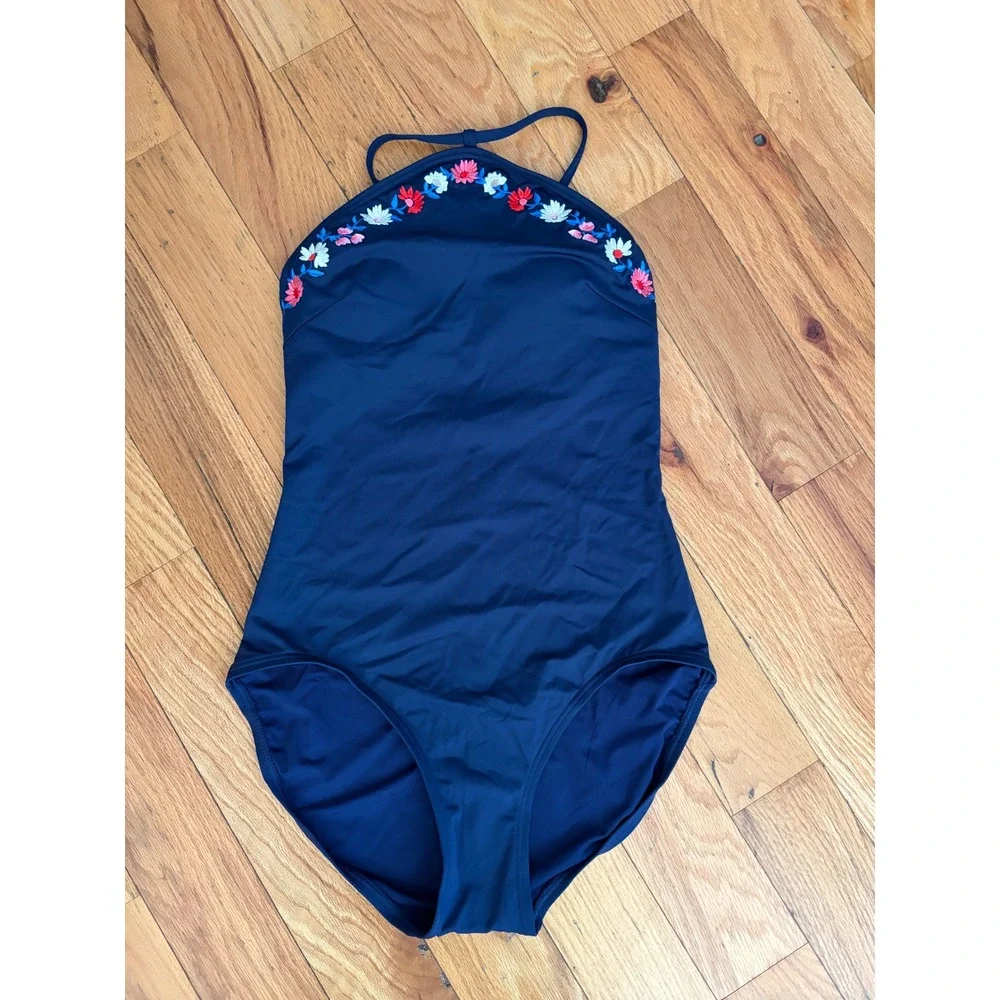 Kate Spade Botany Bay High Neck One-Piece Swimsuit Navy Embroidered Flowers Sz S